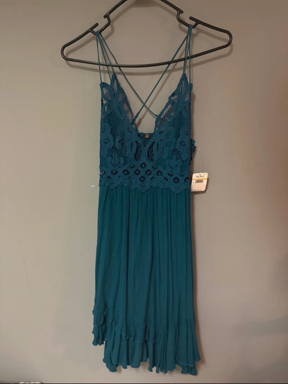 Free People Teal Lace Bodice Crisscross Strap Mini Dress